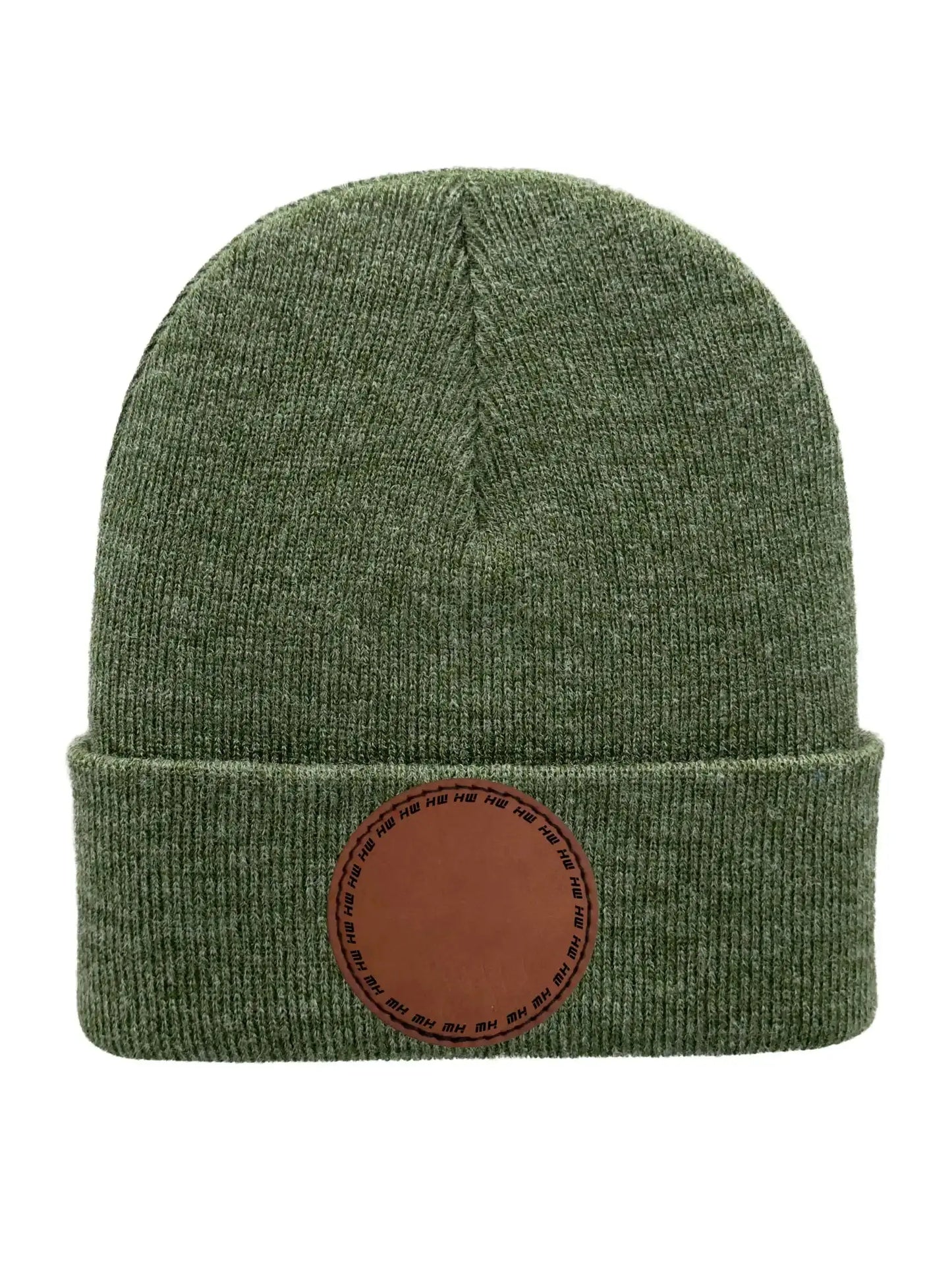Green beanie with a brown leather patch on a white background Beanie Custom Traditional Beanie - Made in USA Haakwear