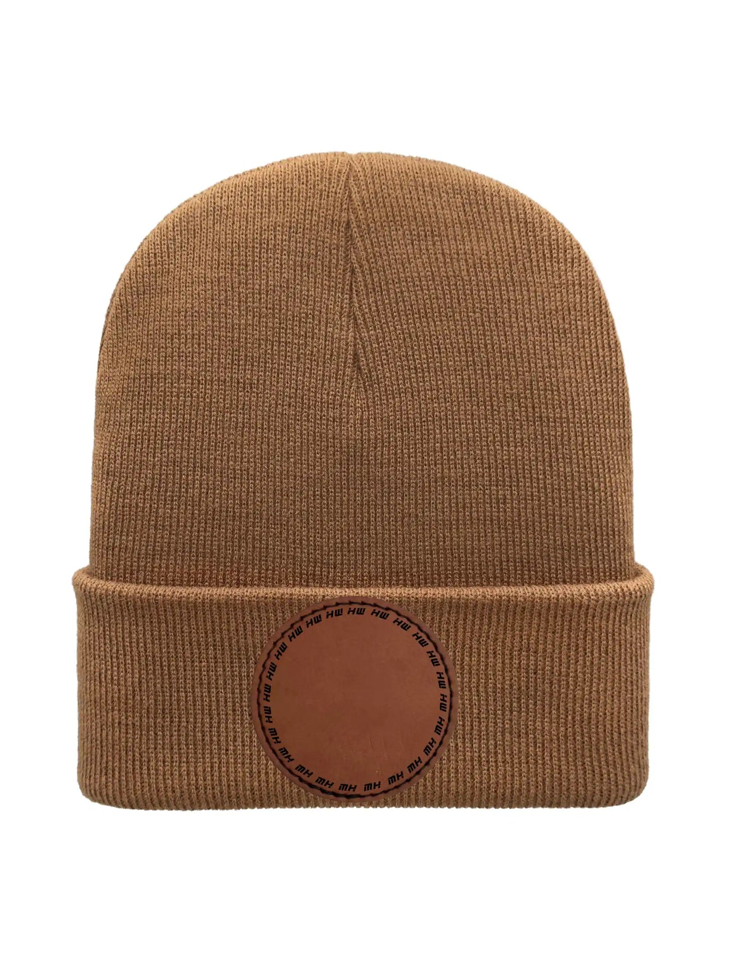 Brown beanie with leather patch on a white background Beanie Custom Traditional Beanie - Made in USA Haakwear