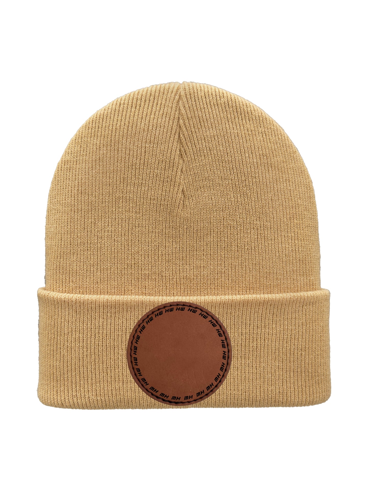 Beige beanie with a brown leather patch on a white background