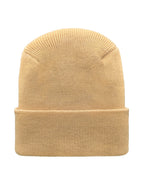 Beige knit beanie on a white background