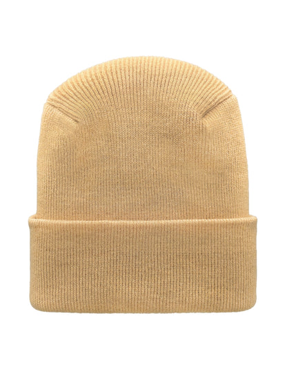 Beige knit beanie on a white background