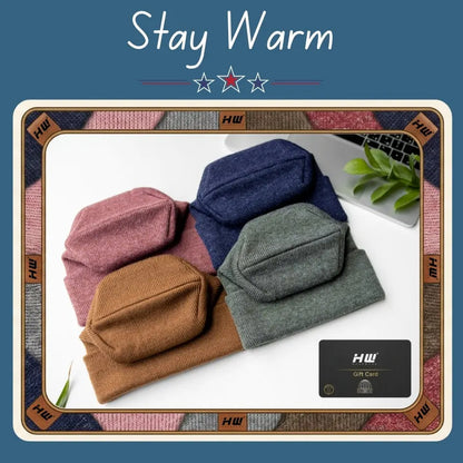Haakwear e-gift card with folded knit beanies in maroon, navy, olive, and tan