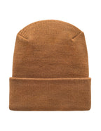 Brown knit beanie on a white background