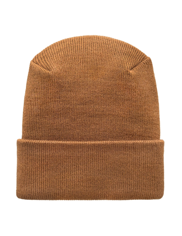 Brown knit beanie on a white background