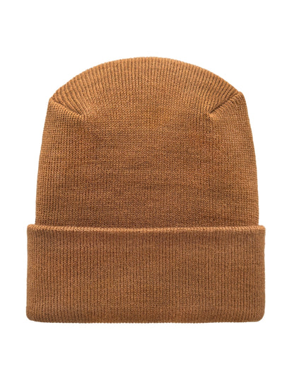 Brown knit beanie on a white background