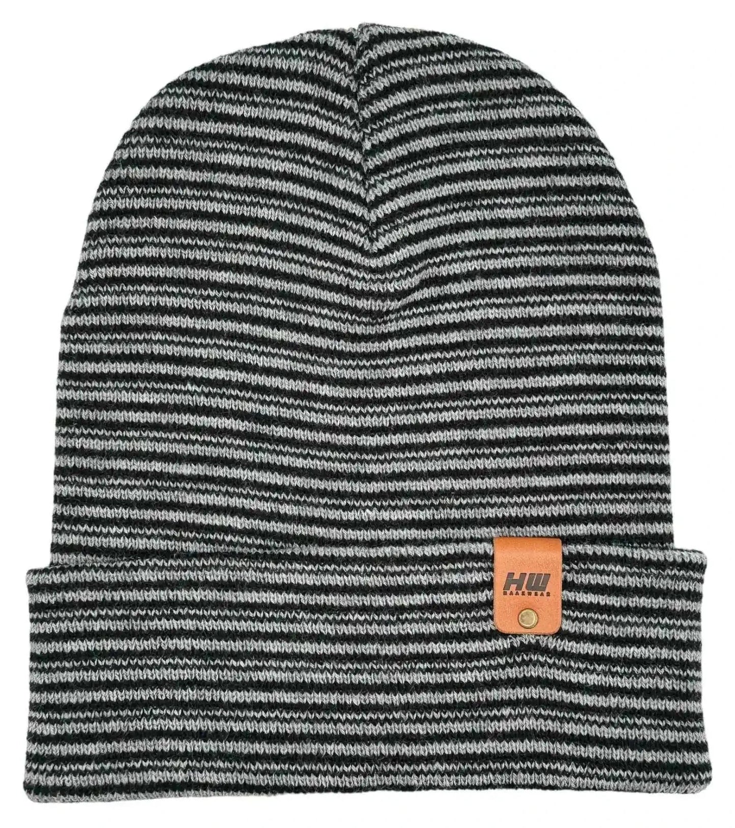 Striped knit beanie in black and gray with folded cuff and small orange logo patch