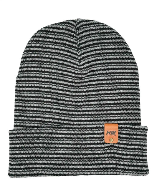 Black-and-gray striped knit beanie with folded cuff and orange logo patch