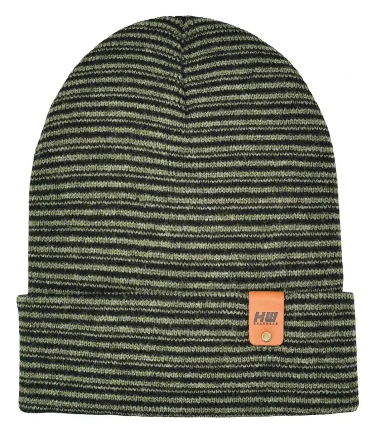 Contrast cuffed beanie in black and green knit stripes with leather-look logo patch