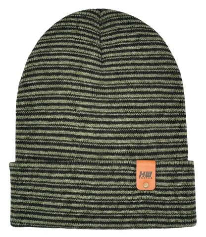 Contrast cuffed beanie in black and green knit stripes with leather-look logo patch