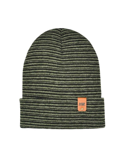 Striped cuff knit beanie in dark green with light bands, orange logo patch