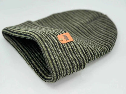 Folded cuff knit beanie in dark green and light striped knit with orange logo patch