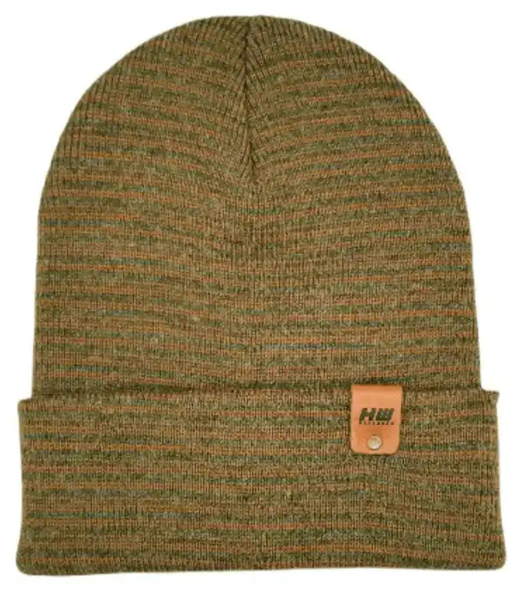 Brown and green knit beanie with folded cuff and small leather-look logo patch