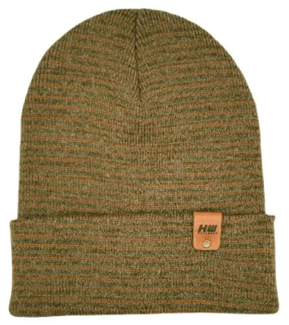 Brown and green knit beanie with folded cuff and small leather-look logo patch
