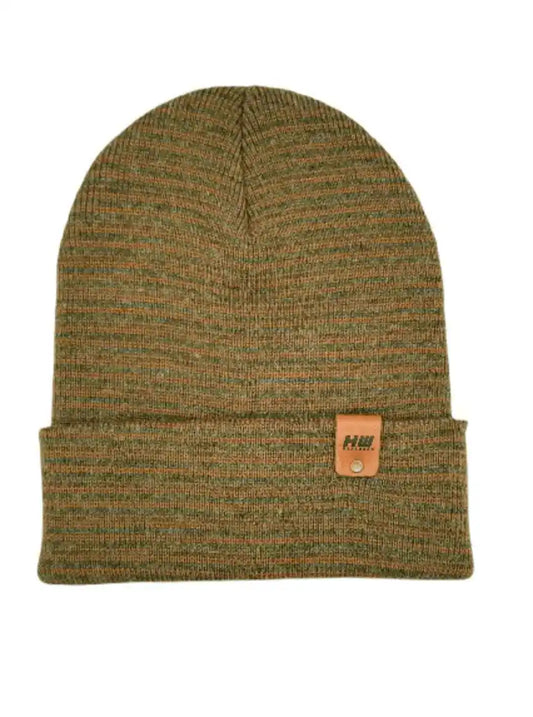 Brown and green contrast cuff beanie with knit texture and leather logo patch