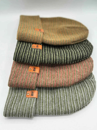 Cuff beanie set in green, brown, and red stripes with orange logo tags