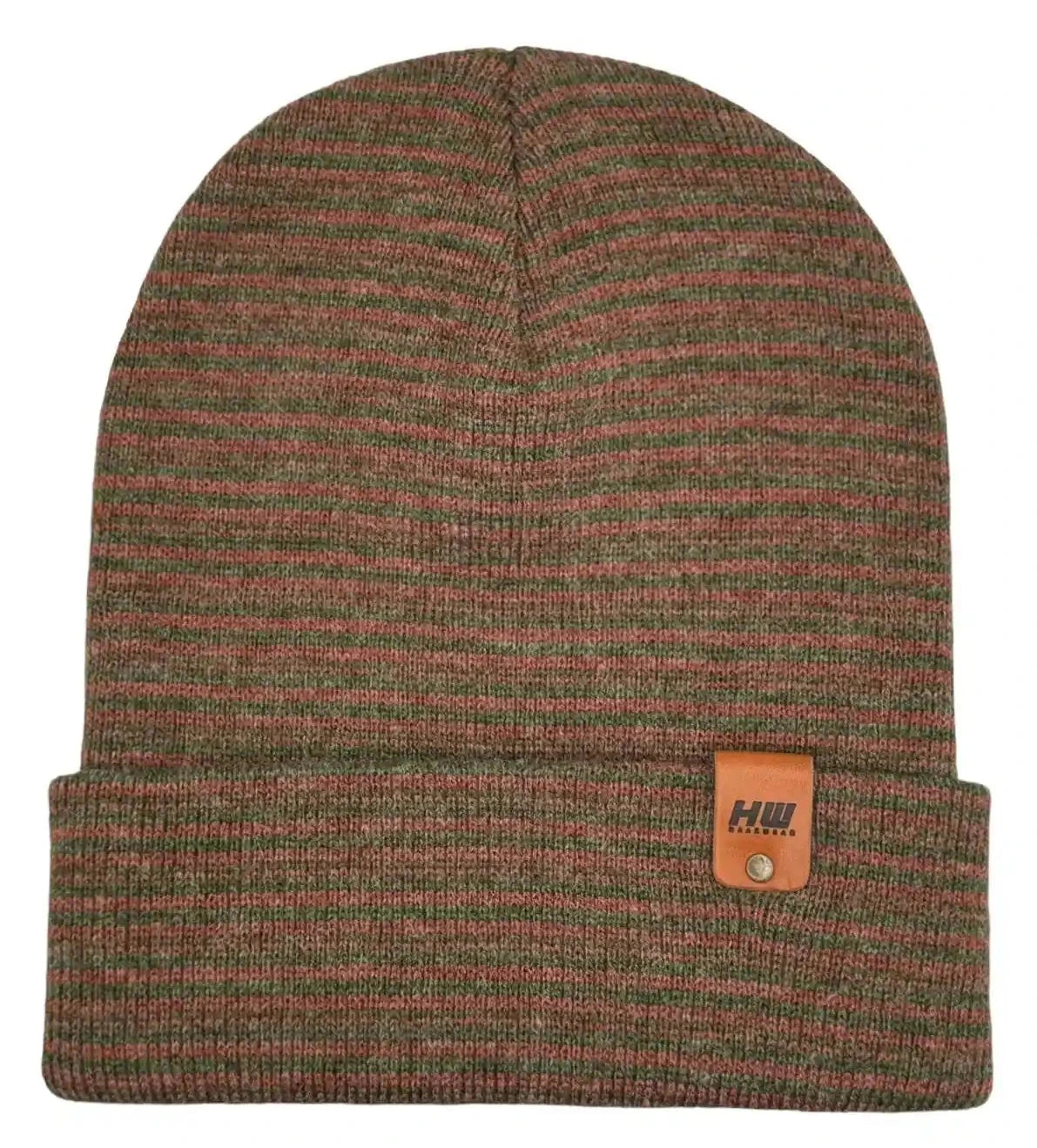 Contrast cuff beanie in burgundy and green knit, with tan logo patch