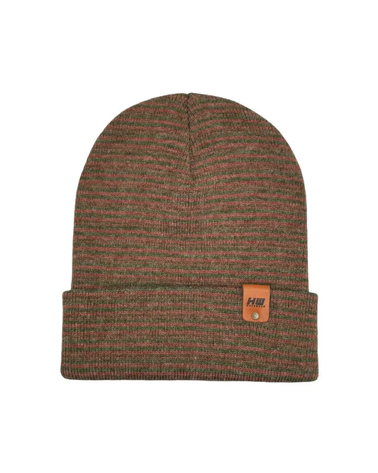 Burgundy/green contrast cuff beanie with knit pattern and orange logo patch