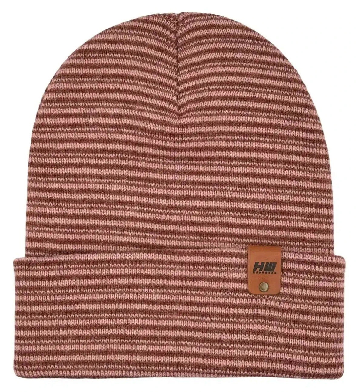 Burgundy and pink striped knit beanie with folded cuff and small front label