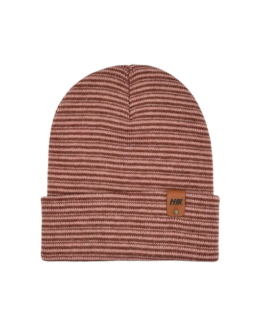 Burgundy knit beanie with pink striped cuff and small front logo patch