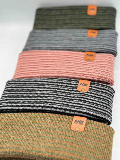 Set of striped knit beanies with logo patches in olive, gray, burgundy, mustard