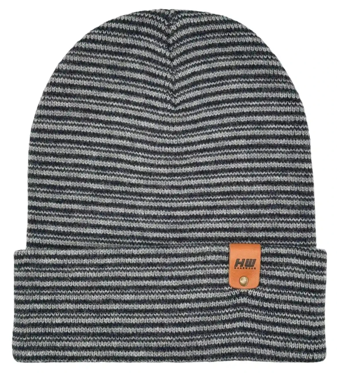 Gray and dark blue striped knit beanie, fold-over cuff with small patch