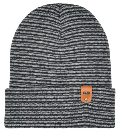 Gray and dark blue striped knit beanie, fold-over cuff with small patch