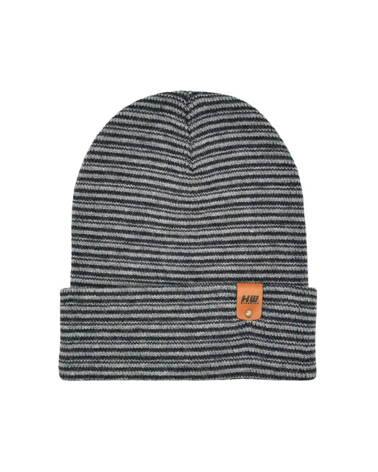 Gray and navy striped cuffed beanie with orange logo patch and fold-over cuff