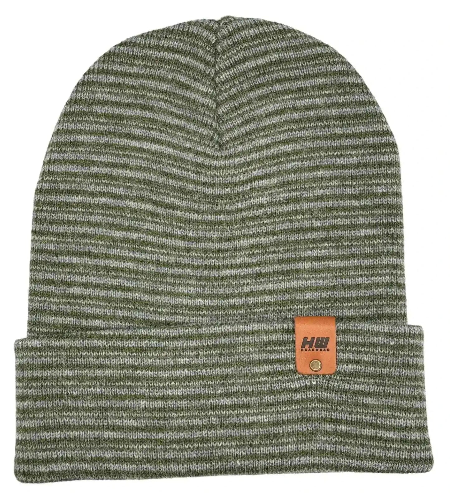 Gray and green striped cuffed knit beanie with small logo patch