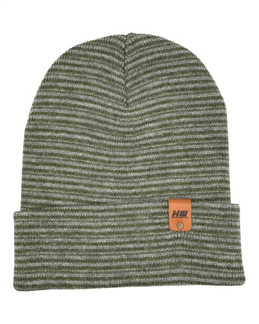 Gray-green knit cuffed beanie with folded brim and orange logo patch