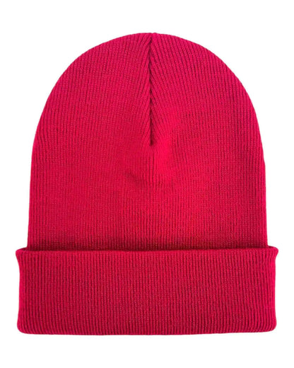 Berry red ribbed beanie with folded cuff and central seam