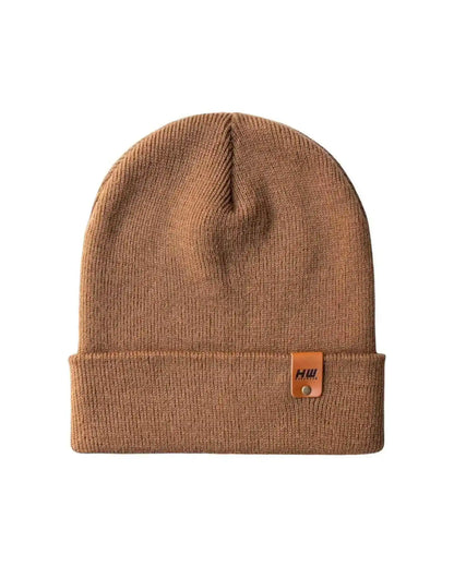 Camel brown knit cuffed beanie with front logo patch tag