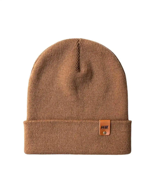 Camel brown knit cuffed beanie with front logo patch tag