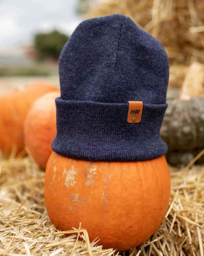 Denim blue cuffed knit beanie, logo patch on cuff, rolled brim