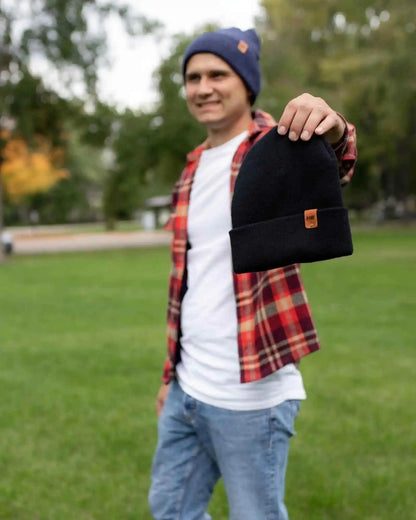 Denim blue cuffed knit beanie with small logo patch on front cuff