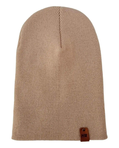 Dune beige knit beanie with vertical seam and small brand label at hem