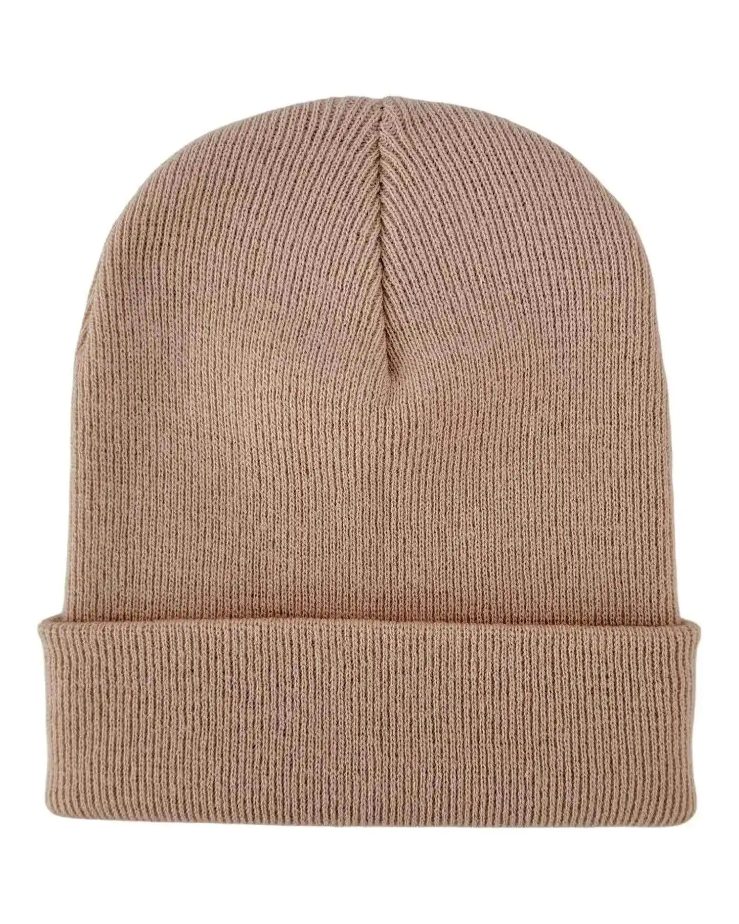 Dune beige knit cuffed beanie with simple cuff and no visible top logo