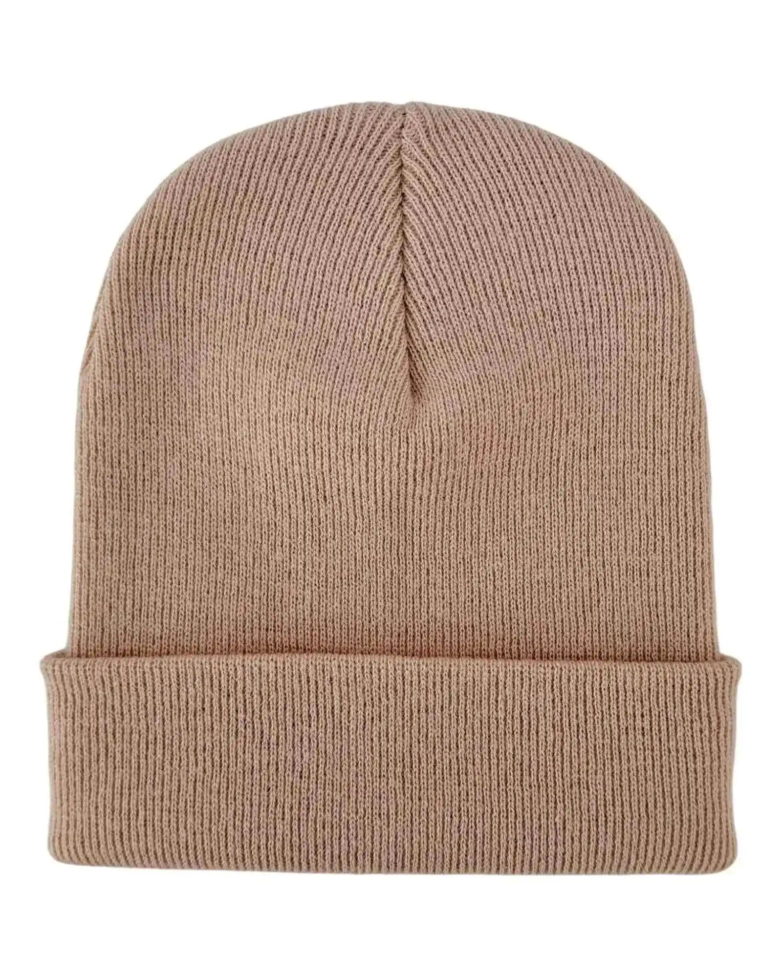 Dune beige knit cuffed beanie with simple cuff and no visible top logo