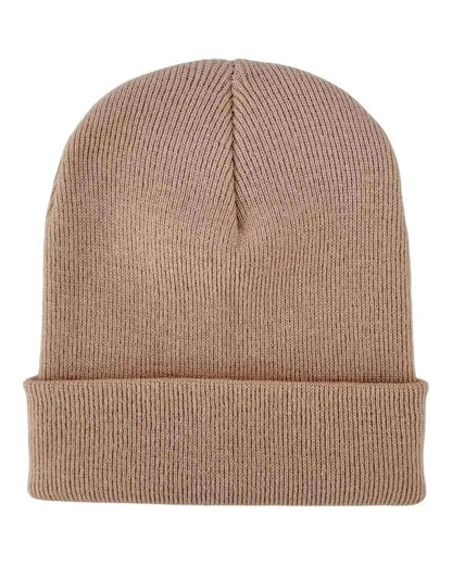 Dune beige knit cuffed beanie with simple cuff and no visible top logo