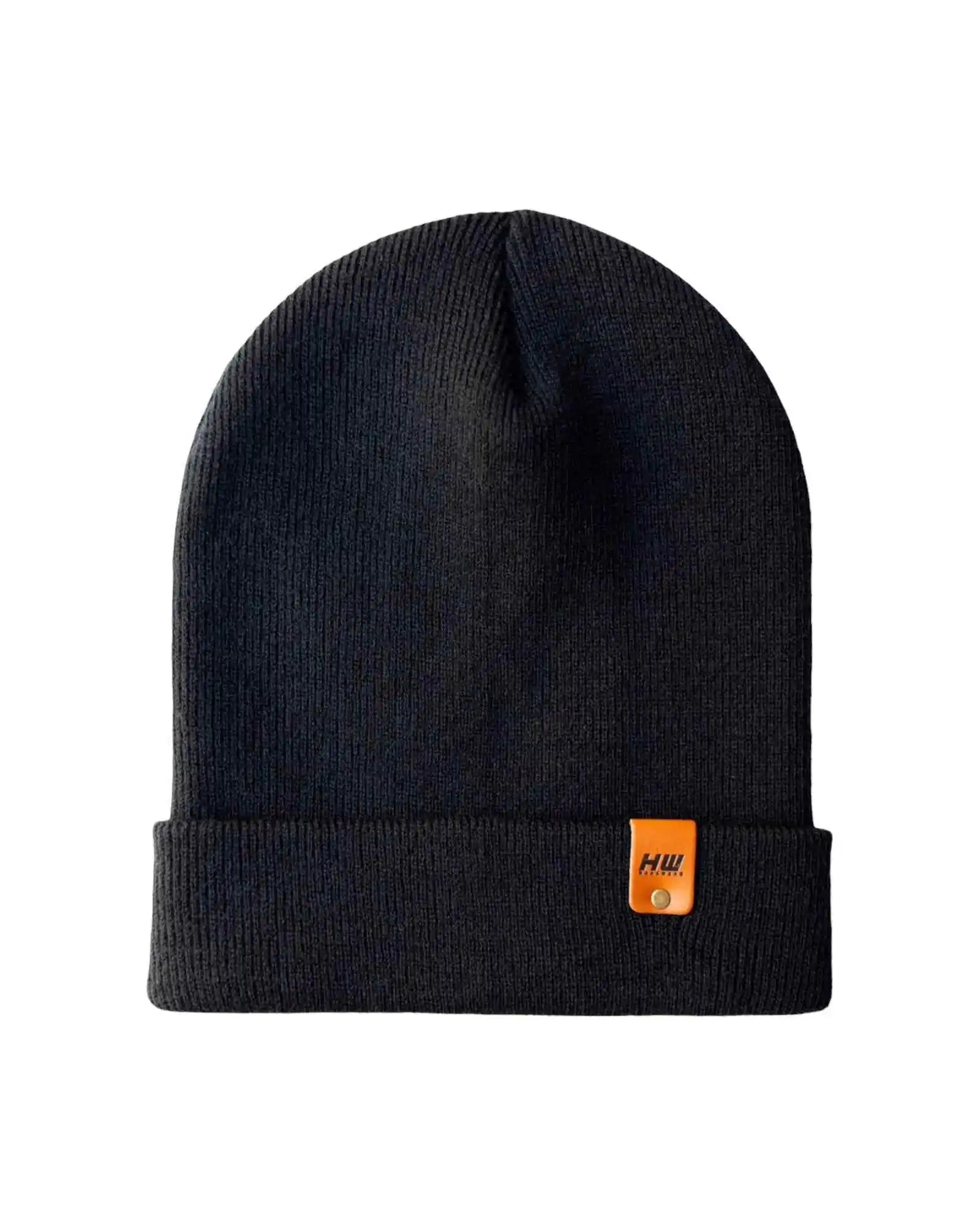 Midnight black ribbed cuff beanie with fold-over brim and small orange logo patch