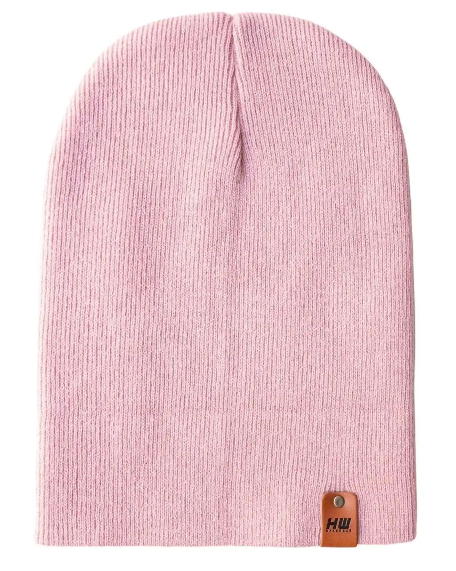 Pearl pink knit beanie with fold-over cuff and small leather logo patch
