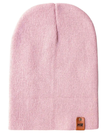 Pearl pink knit beanie with fold-over cuff and small leather logo patch