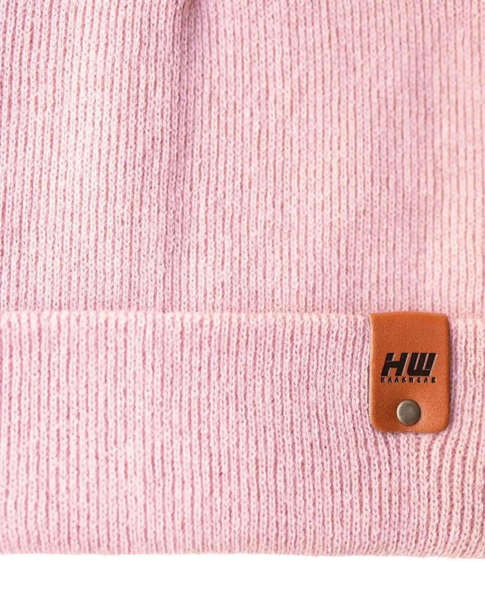Pearl pink cuffed beanie with leather logo patch and metal snap