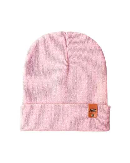 Pearl pink ribbed cuff beanie with small logo patch, folded cuff.