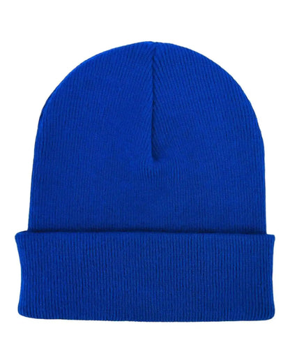 Sapphire blue knit beanie with folded cuff and center top seam