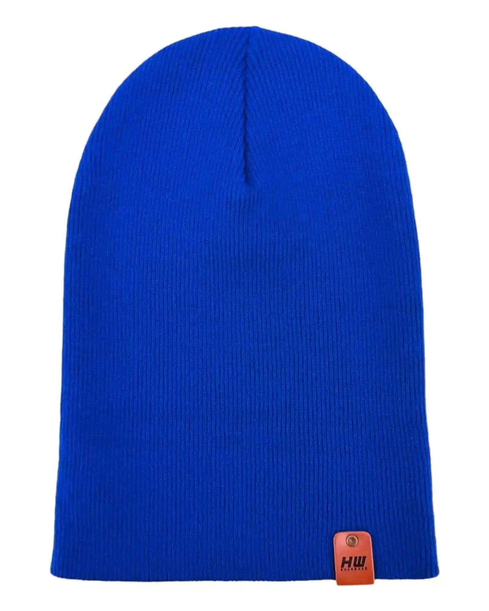 Sapphire blue knit beanie with small tan logo patch near bottom