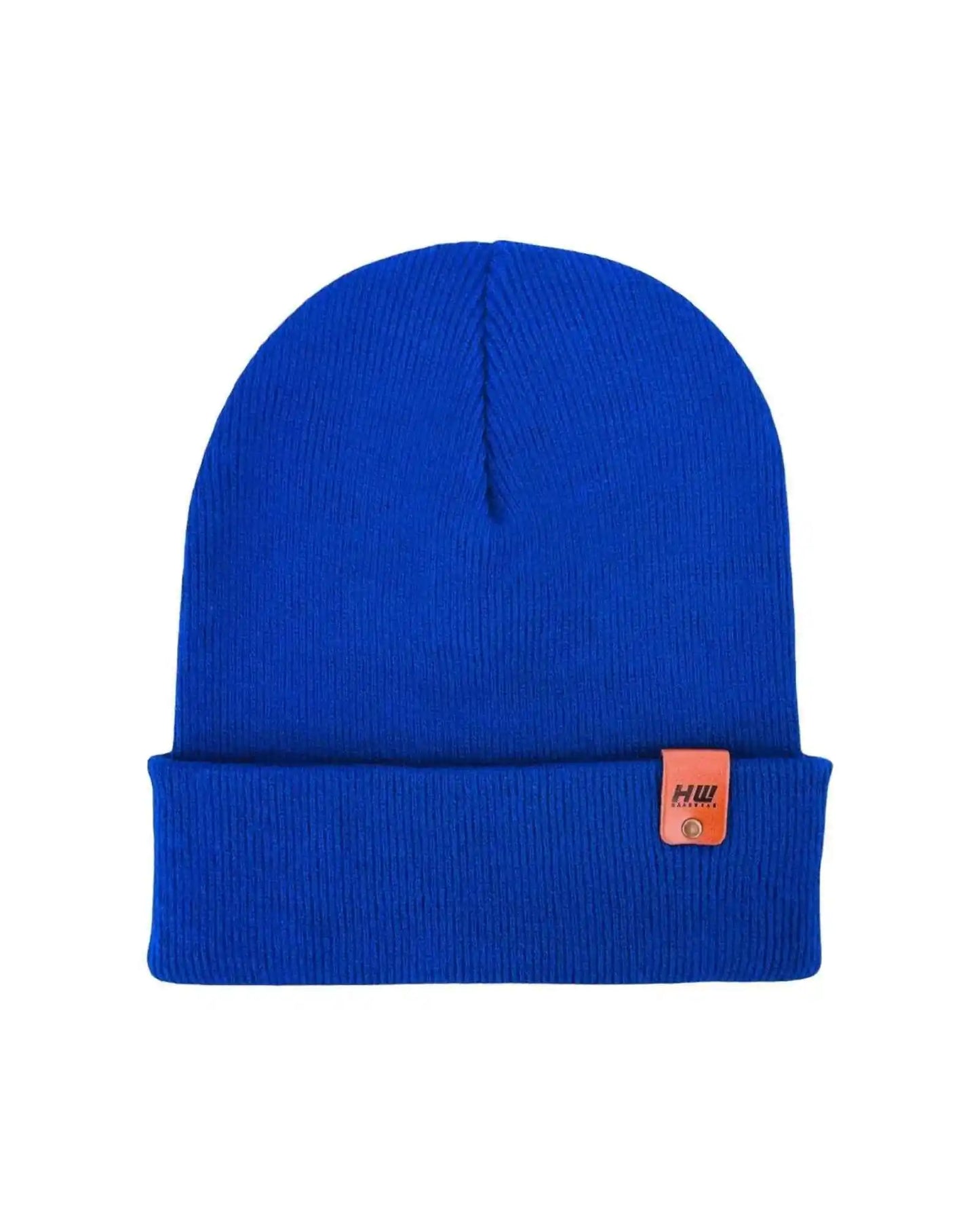 Sapphire blue knit beanie with folded cuff and small leather logo patch