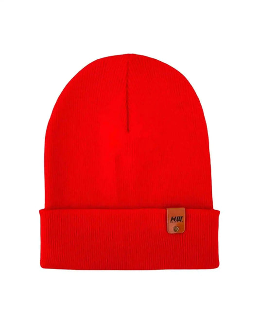 Scarlet red cuffed knit beanie with small leather logo patch