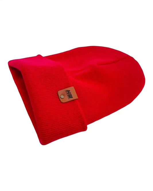 Scarlet knit beanie with fold-over cuff and tan logo patch