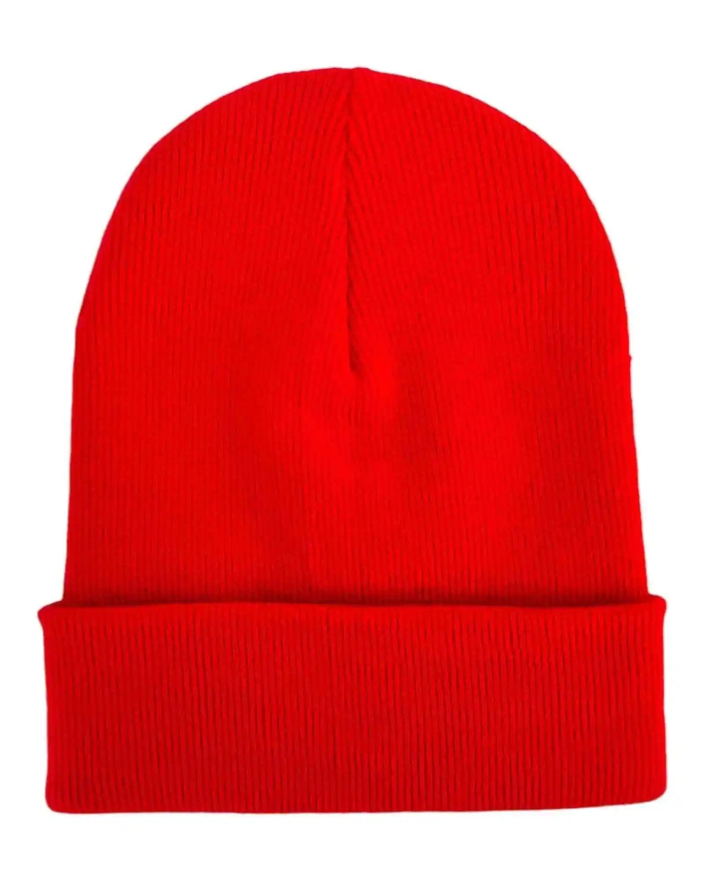 Scarlet cuffed knit beanie with ribbed brim and no visible logo patch