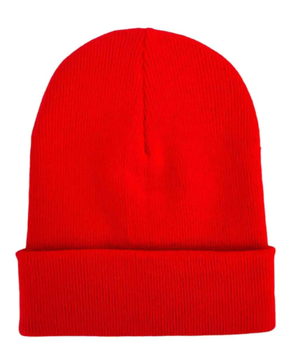 Scarlet cuffed knit beanie with ribbed brim and no visible logo patch